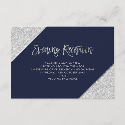 Silver glitter-script navy blue avondreceptie informatiekaartje (Voorkant)