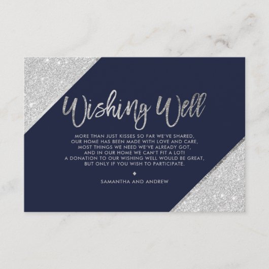 Silver glitter-script navy blue die goed wenst informatiekaartje (Voorkant)