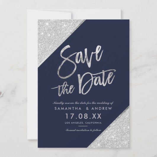 Silver glitter script navy blue save the date (Voorkant)