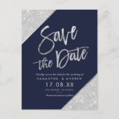 Silver glitter script navy blue save the date aankondigingskaart (Voorkant)