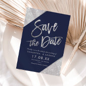 Silver glitter script navy blue save the date aankondigingskaart