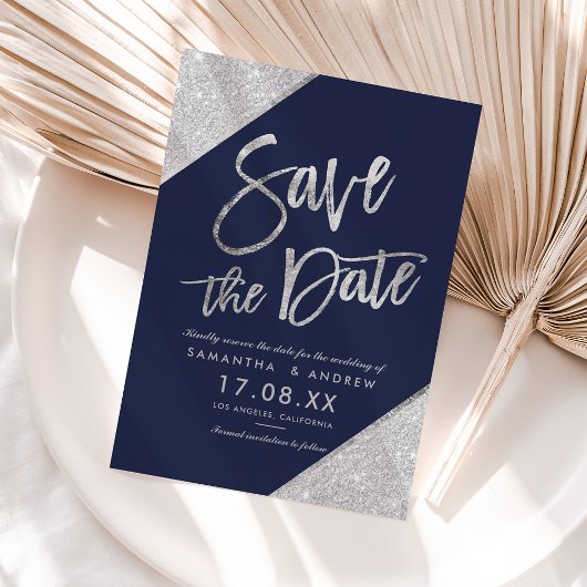 Silver glitter script navy blue save the date aankondigingskaart