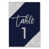 Silver glitter script navy blue table number kaart (Achterkant)