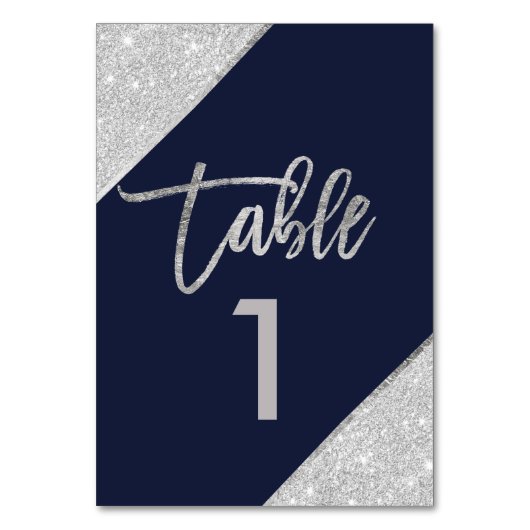 Silver glitter script navy blue table number kaart (Voorkant)