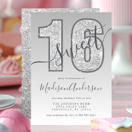 Silver Glitter Script Sweet 16 Birthday Party Kaart