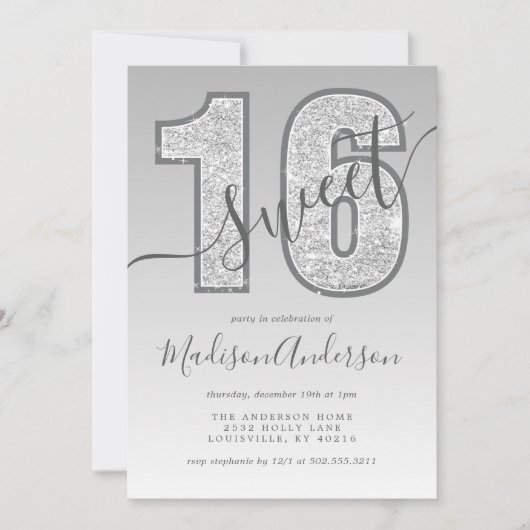Silver Glitter Script Sweet 16 Birthday Party Kaart (Voorkant)