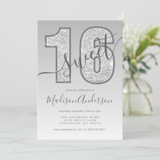 Silver Glitter Script Sweet 16 Birthday Party Kaart (Staand voorkant)