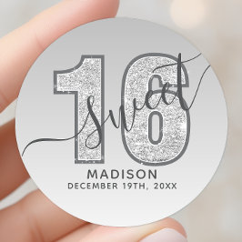 Silver Glitter Script Sweet 16 Birthday Ronde Sticker