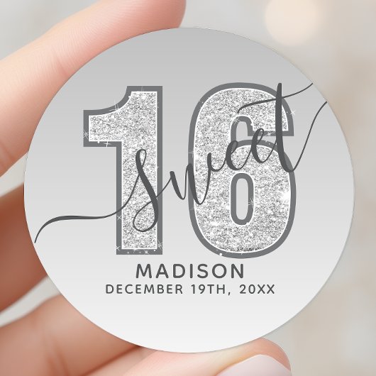 Silver Glitter Script Sweet 16 Birthday Ronde Sticker