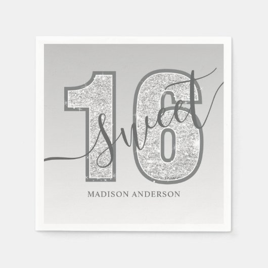 Silver Glitter Script Sweet 16 Birthday Servet (Voorkant)