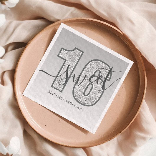 Silver Glitter Script Sweet 16 Birthday Servet