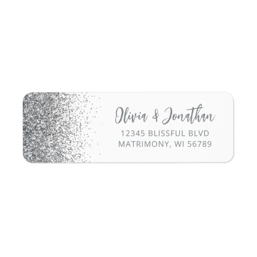 Silver Glitter Script White Wedding Retouradres Etiket (Voorkant)