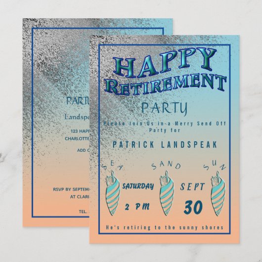 Silver Glitter & Seashells Happy Retirement Party Kaart (Voorkant / Achterkant)