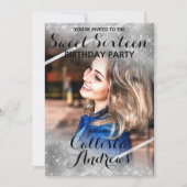 Silver Glitter Sequins Corners Foto Sweet 16 Kaart (Voorkant)