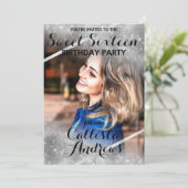 Silver Glitter Sequins Corners Foto Sweet 16 Kaart (Staand voorkant)