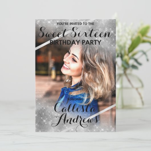 Silver Glitter Sequins Corners Foto Sweet 16 Kaart (Staand voorkant)