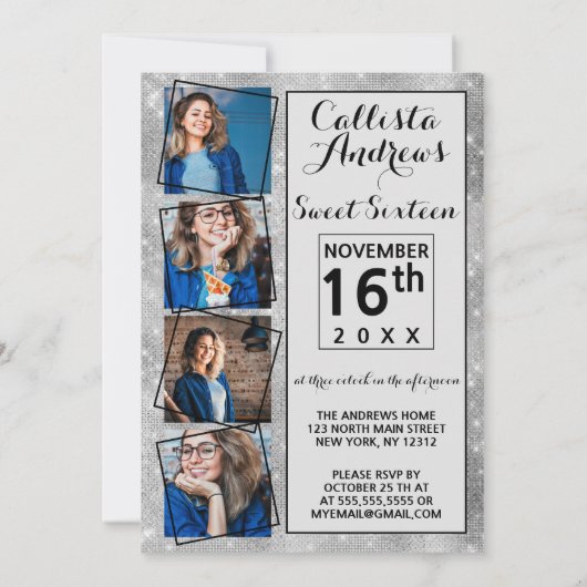 Silver Glitter Sequins Corners Foto Sweet 16 Kaart (Achterkant)