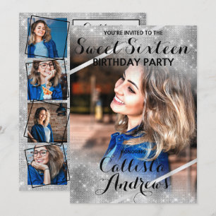 Silver Glitter Sequins Corners Foto Sweet 16 Kaart