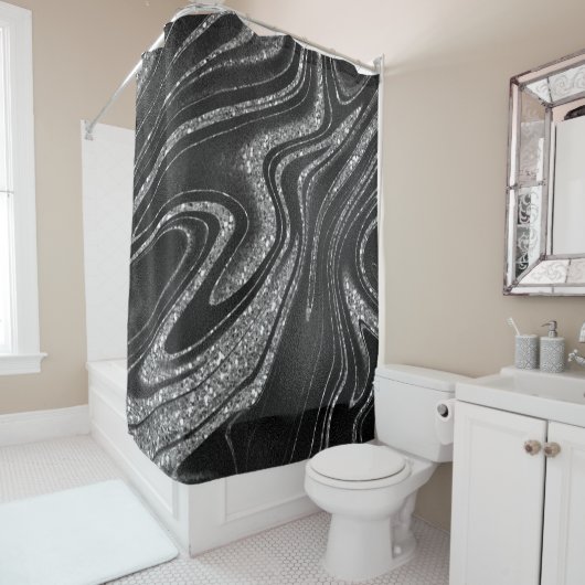Silver Glitter Shimmer Black Douchegordijn (In situ)
