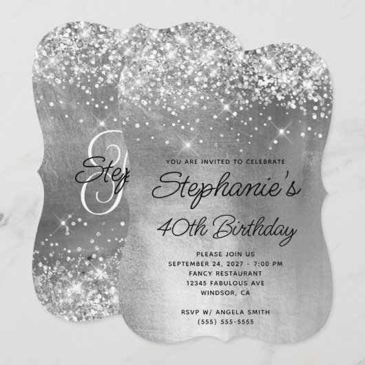 Silver Glitter Shiny Folie Monogram 40e verjaardag Kaart (Voorkant / Achterkant)