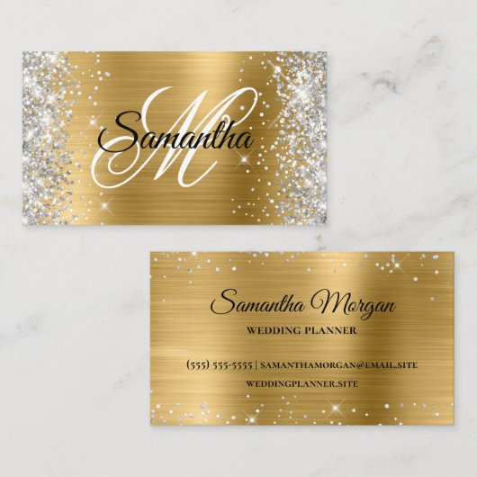 Silver Glitter Shiny Gold Foil Fancy Monogram Visitekaartje (Voorkant / Achterkant)