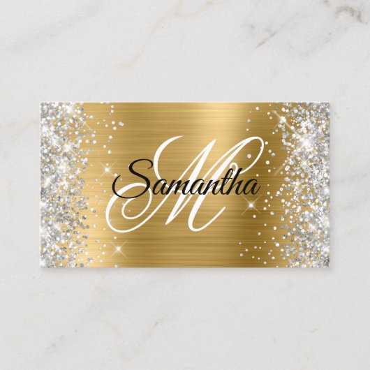 Silver Glitter Shiny Gold Foil Fancy Monogram Visitekaartje (Voorkant)