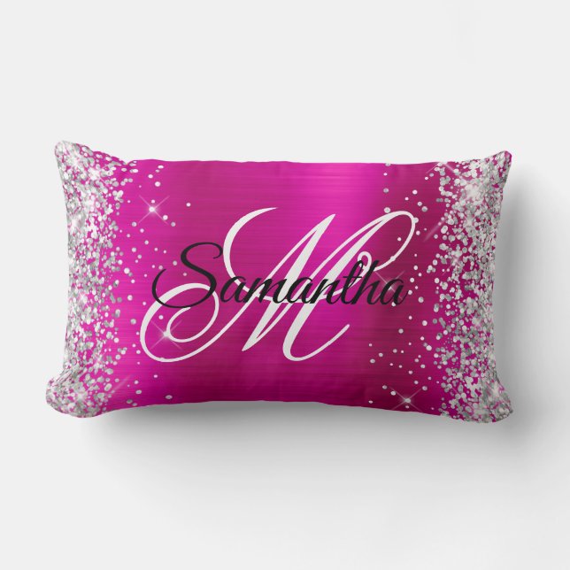 Silver Glitter Shiny Hot Pink Folie Fancy Monogram Kussen (Voorkant)