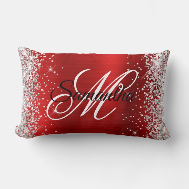 Silver Glitter Shiny Red Folie Fancy Monogram Kussen (Voorkant)