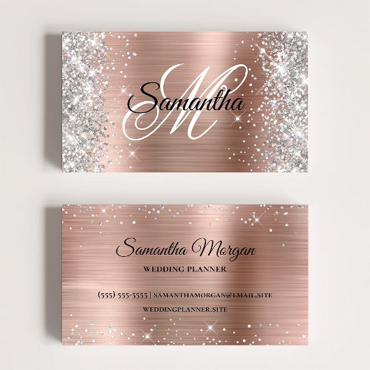 Silver Glitter Shiny Roos Gold Foil Fancy Monogram Visitekaartje