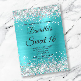 Silver Glitter Shiny Turquoise Blue Folie Sweet 16 Kaart
