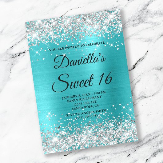 Silver Glitter Shiny Turquoise Blue Folie Sweet 16 Kaart