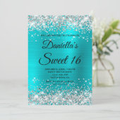 Silver Glitter Shiny Turquoise Blue Folie Sweet 16 Kaart (Staand voorkant)