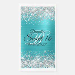 Silver Glitter Shiny Turquoise Blue Folie Sweet 16 Servet