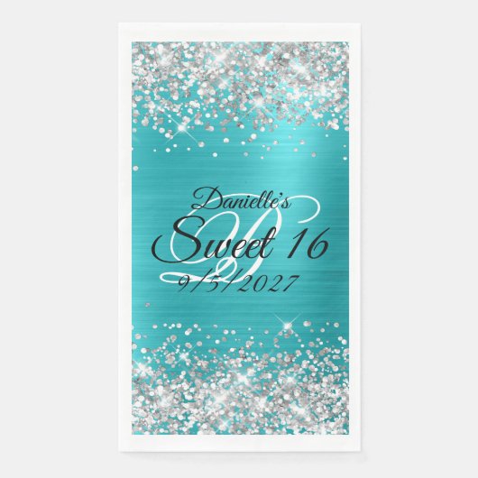 Silver Glitter Shiny Turquoise Blue Folie Sweet 16 Servet (Voorkant)