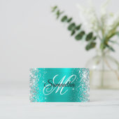 Silver Glitter Shiny Turquoise Folie Fancy Monogra Visitekaartje (Staand voorkant)