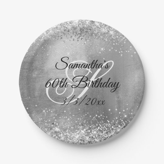 Silver Glitter Silver Foil 60th Birthday Papieren Bordje (Voorkant)