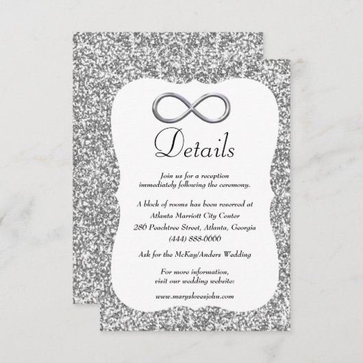 Silver Glitter Silver Infinity Wedding Details Informatiekaartje (Voorkant / Achterkant)