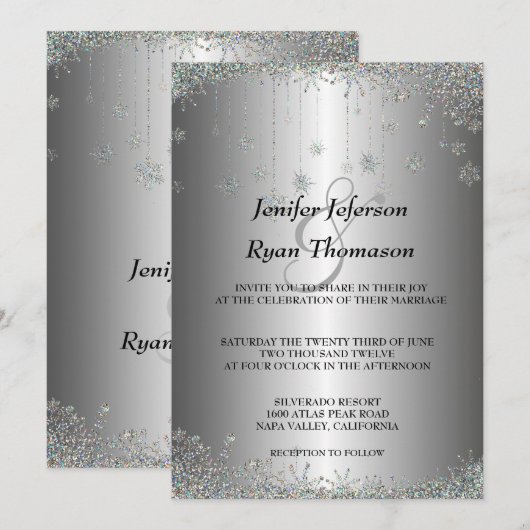 Silver glitter snewflakes bruiloft Uitnodiging (Voorkant / Achterkant)
