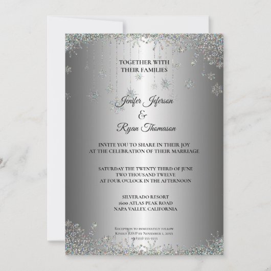 Silver glitter snewflakes bruiloft Uitnodiging (Voorkant)