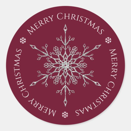 Silver Glitter Snowflake Merry Kerstmis Bourgogne Ronde Sticker (Voorkant)