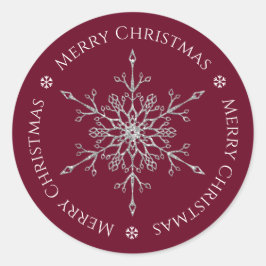 Silver Glitter Snowflake Merry Kerstmis Bourgogne Ronde Sticker