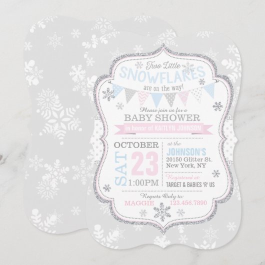 Silver Glitter Snowflake Twins Baby shower Kaart (Voorkant / Achterkant)