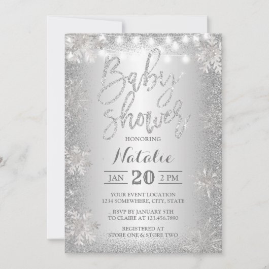 Silver Glitter Snowflake Winter Baby shower Kaart (Voorkant)