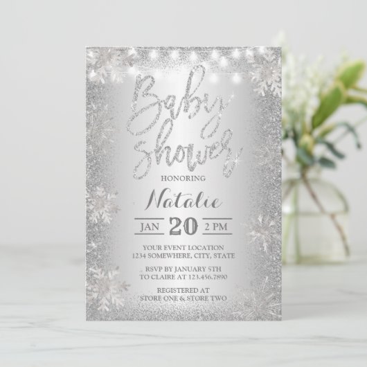 Silver Glitter Snowflake Winter Baby shower Kaart (Staand voorkant)