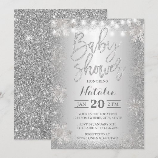 Silver Glitter Snowflake Winter Baby shower Kaart (Voorkant / Achterkant)