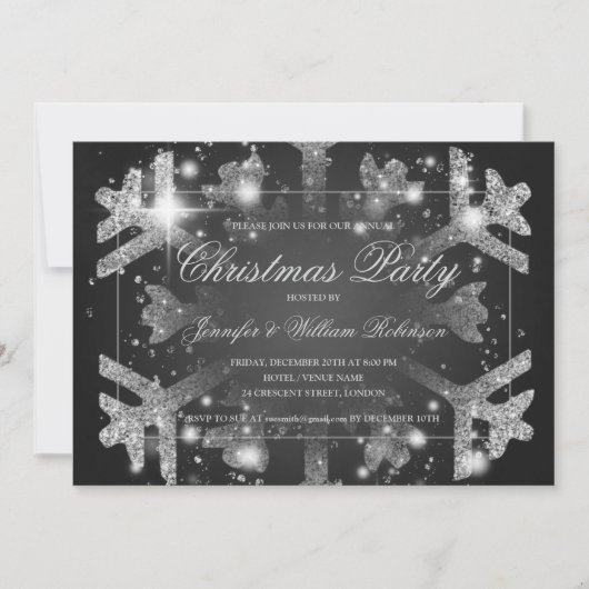 Silver Glitter Snowflake Xmas Holiday Party Zwart Kaart (Voorkant)
