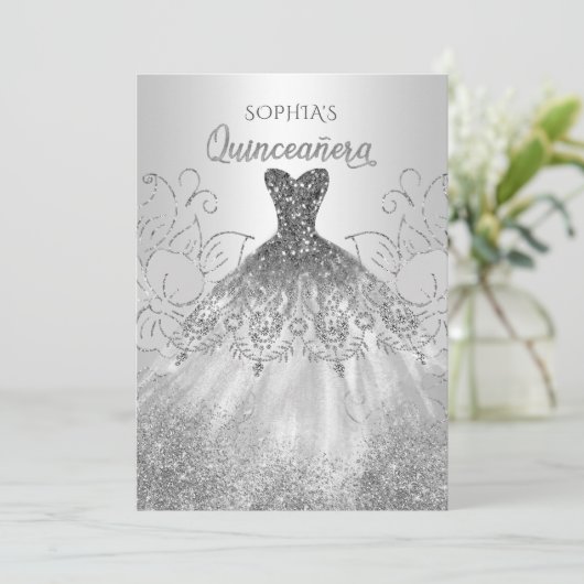 Silver Glitter Sparkle Dress Quinceañera Quince Kaart (Staand voorkant)
