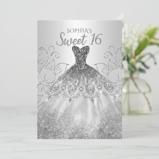 Silver Glitter Sparkle Dress Sweet 16-jarig Kaart (Staand voorkant)