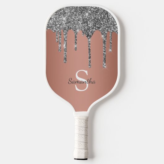 Silver Glitter Sparkle drijft Roos Gold Monogram Pickleball Paddle (Achterkant)