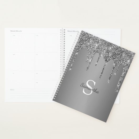 Silver Glitter Sparkle Drip Folie Monogram Naam Planner (Display)